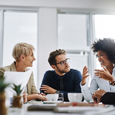 Group of professionals having a meeting in a white room